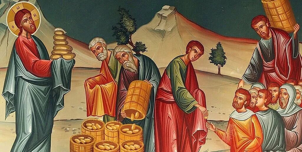 Чудесное насыщение народа пятью хлебами. Икона чудо насыщения пятью хлебами. Чудо насыщения пятью хлебами и двумя рыбами. Насыщение пяти тысяч пятью хлебами икона. Семь тысяч дней