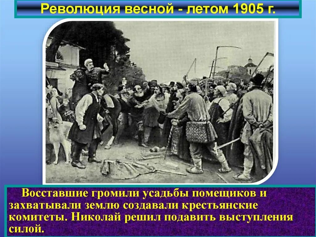 Развитие революции весной летом 1905. Революция весной-летом 1905 г.. Первая русская революция роль помещиков.