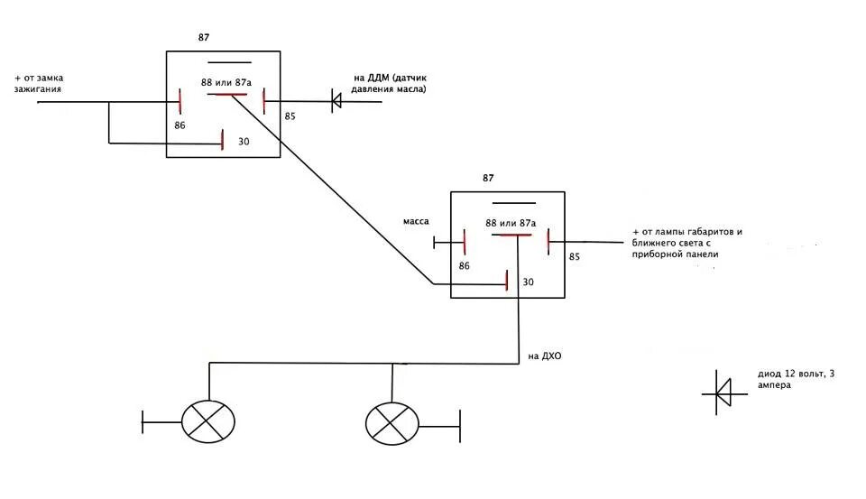Как подключить реле дхо. Схема включения ходовых огней на ВАЗ 2115. Ходовые огни через реле на ВАЗ 2114. Схема включения лампочки через реле. Схема дневных ходовых огней Калина 2.