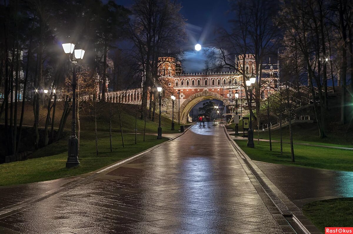 Вечером через парк. Парк Царицыно. Парк Царицыно вечером. Парк Царицыно ночью. Царицынский парк в Москве ночью.