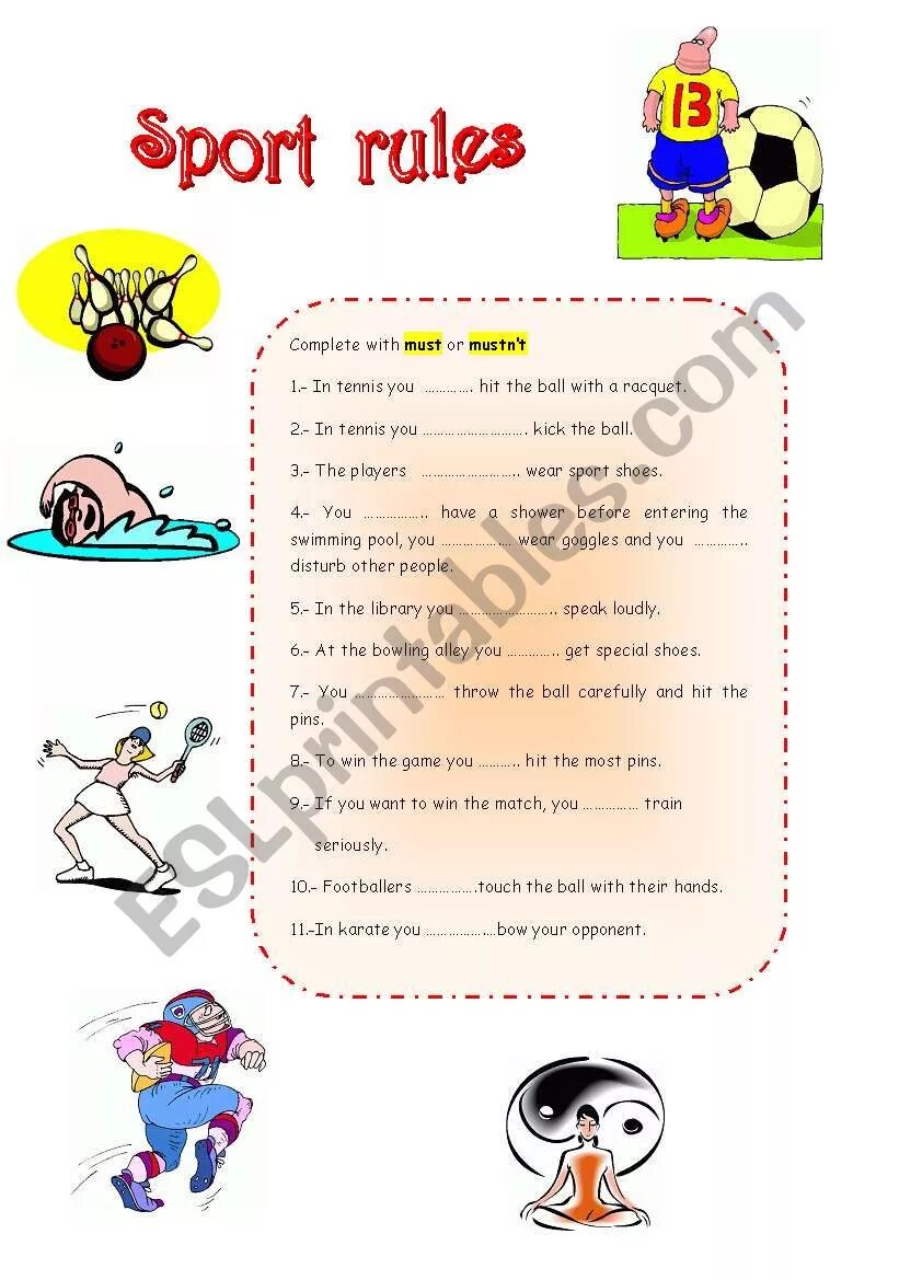 Complete with must mustn t can t. Rules of Sport 5 класс. Sports for Kids задания. Тема Rules of Sport. Worksheets about Sport.