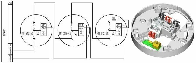 Извещатель пожарный ип 212-45 (ип 212-45) схема подключения. Датчик дыма ип 212-45 схема подключения. Схема подключения датчика пожарной сигнализации ип-212. Датчик дыма ип 212-45 схема подключения к сигнал. Схема подключения дымового пожарного извещателя ип 212-45.