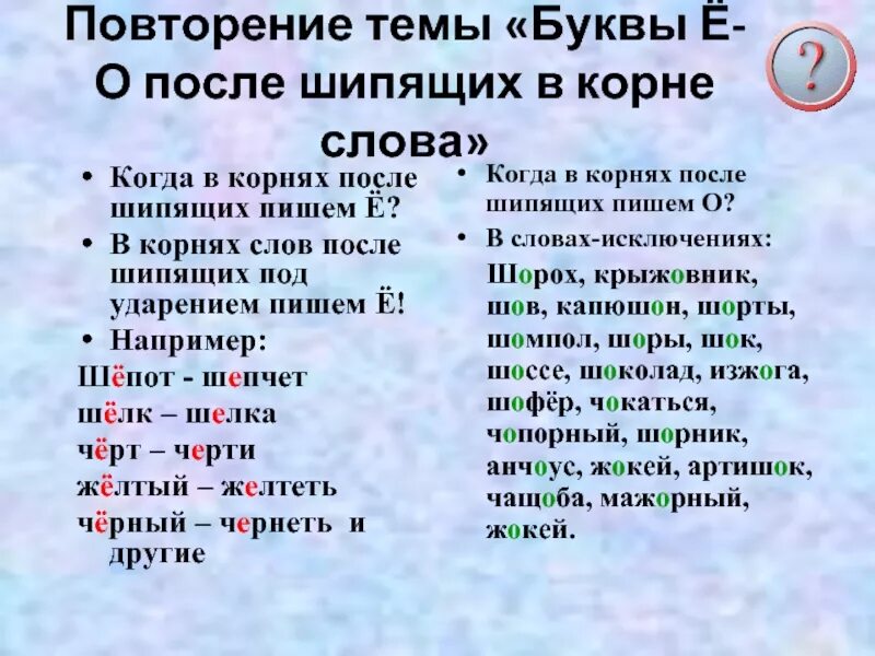 Какая буква пишется после шипящих под ударением. Слова где буква е в корне после шипящих. Правило после шипящих о или ё в корне слова. Правописание буквы о после шипящих в корне слова. Буква после шипящих которая пишется в корне.