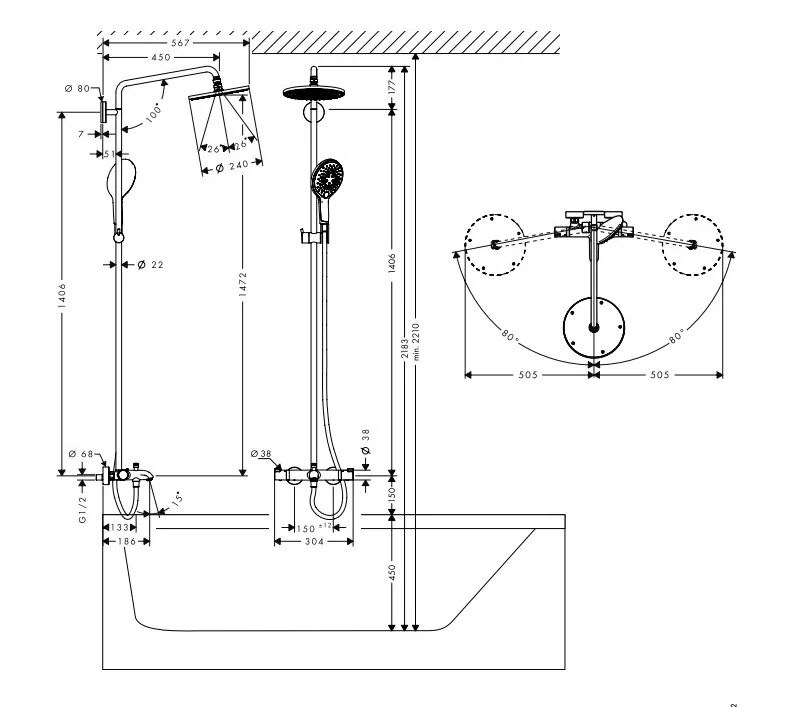 Hansgrohe Raindance select 240 Showerpipe 27117000. Смеситель для душа стандарт схема подключения. Высота крепления смесителя для ванны. Монтаж смесителя в душевой чертеж. Высота крана от ванны