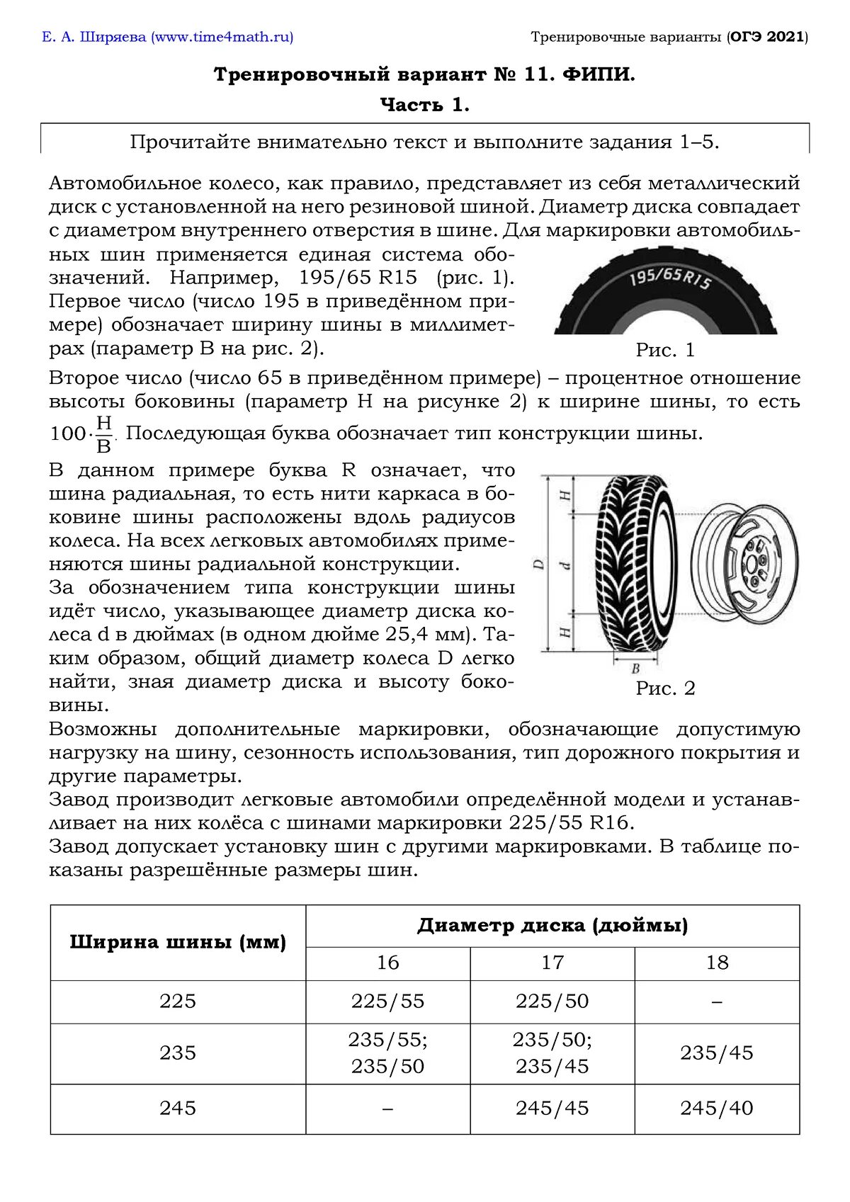 Огэ математика шины варианты фипи