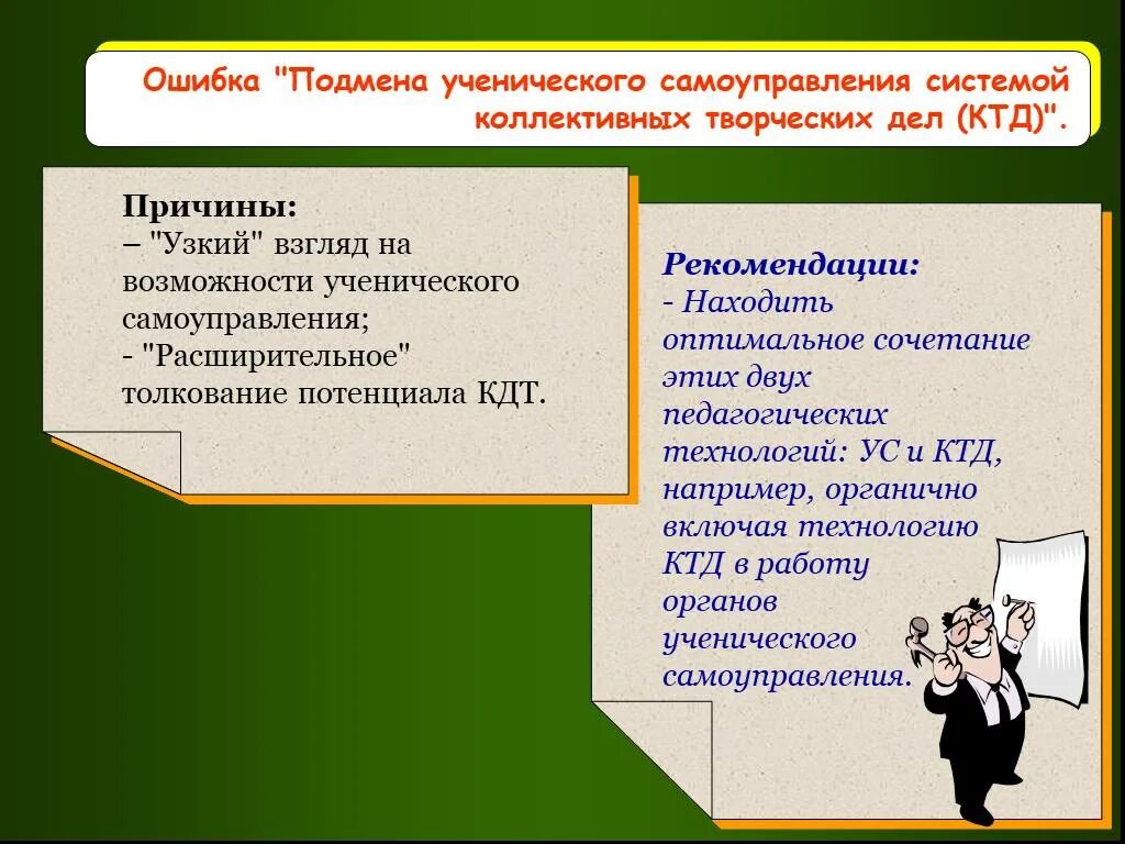 Типичные ошибки ученического самоуправления презентация. 5 Ошибок ученического самоуправление. Ученическое самоуправление через КТД цель. Типичные ошибки коллективного творческого проекта в начальной. Отчего з