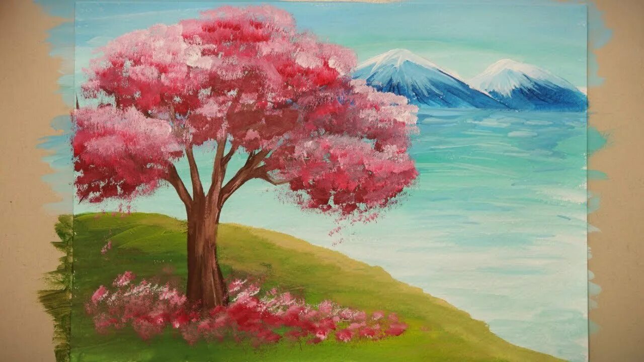 Сакура поэтапно. Сакура гуашью. Сакура рисунок. Сакура рисунок красками. Рисование цветущего дерева.