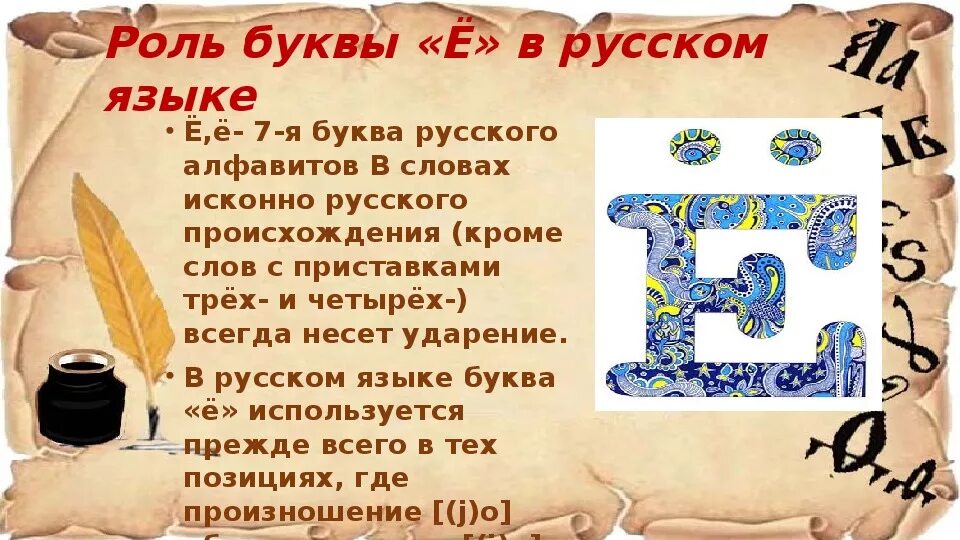 Почему 7 букв. Буква ё в русском языке. История возникновения буквы ё. Факты о букве ё. Интересные факты про ё.