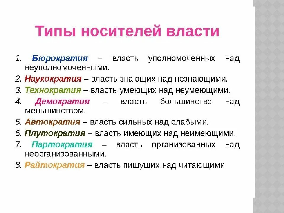 Типы власти. Демократия против автократии. Демократия это власть меньшинства над большинством. Виды власти Технократия.