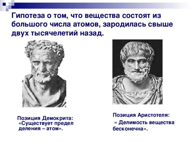 Гипотеза аристотеля. Демокрит и Аристотель. Гипотеза Демокрита. Демокрит о строении вещества. Гипотеза Демокрита о строении вещества.