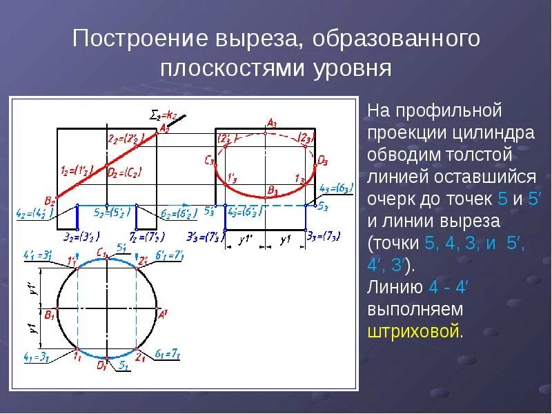 Построение выреза. Построение цилиндра с вырезом. Проекция цилиндра с вырезом. Плоскости образующие вырез.