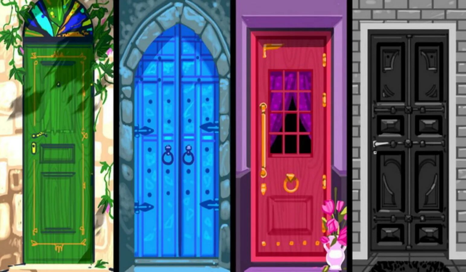 Играть 1 дверь. Тест 4 двери. Разноцветные двери. Четыре разноцветные двери. Красная зелёная и голубая дверь.