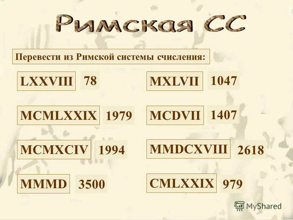 Переведите числа из римской системы. Переведите в римскую систему. Запишите римские числа в десятичной системе счисления. Римская система счисления. Примеры записи чисел в римской системе счисления.