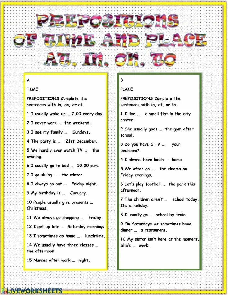 Prepositions of time exercises. Предлоги places at in worksheet. предлоги at in on worksheets. prepositions of place in on at worksheets. prepositions of time and place.