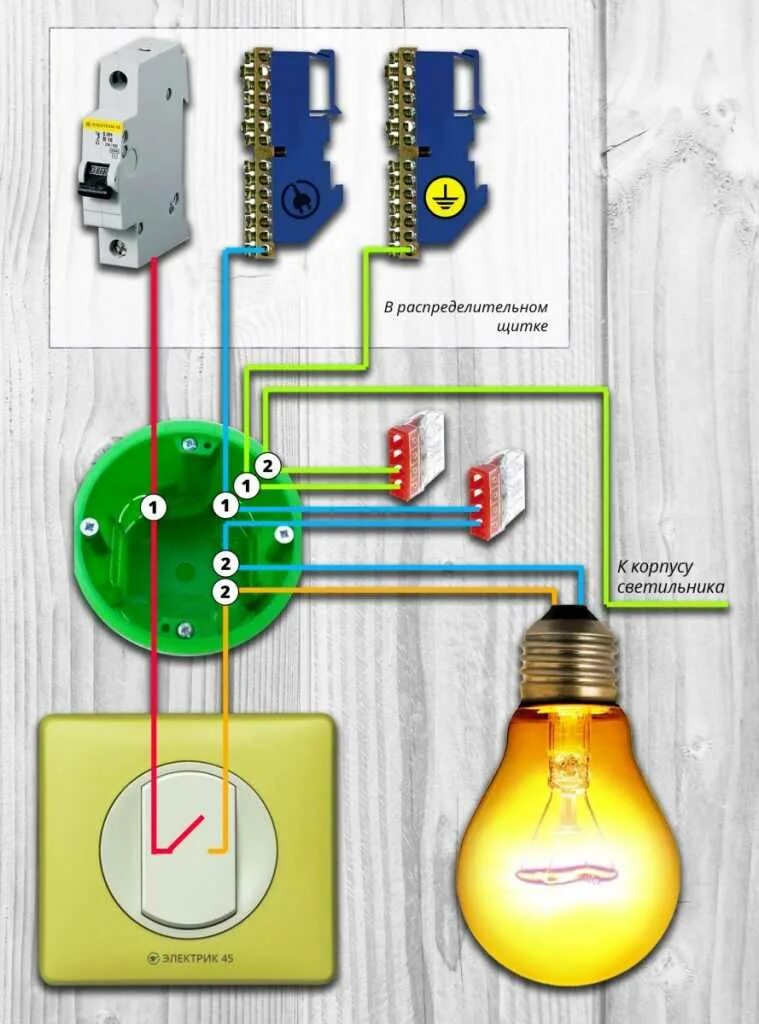 Как подключить выключатель без распределительной коробки. Схема расключения распределительной коробки освещения. Схема монтажа лампы и выключателя. Схема подключения проводов в коробке выключатель и свет. Схема подключения трехклавишного выключателя.