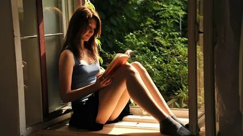 People 1920x1080 women brunette sitting window miniskirt socks books readin...