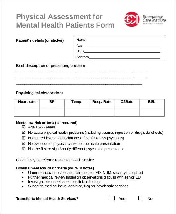 Physical form. Mental Health Assessment form. Physical Assessment. Private Mental Health Assessment. Health insurance claim form.