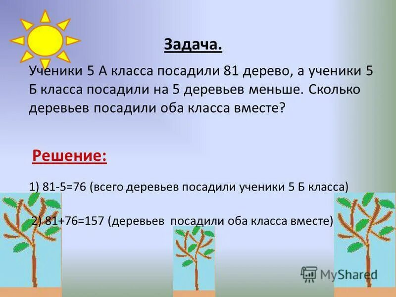 На сколько лет посадили. Задача посадка деревьев. Задачи на посадку деревьев 3 класс. Задача 3 класс школьники садили деревья. Три класса школьников сажали деревья.