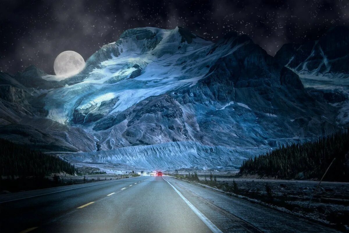 Ночь дорога и рок. Горы ночью. Ночная дорога. Зимняя дорога в горах. Дорога в горах ночью.