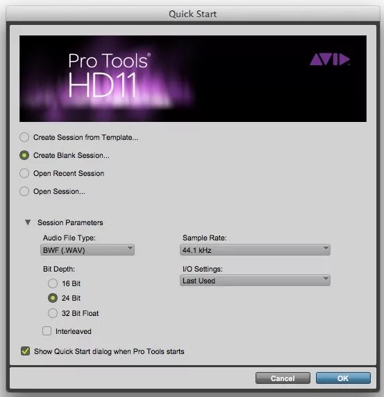 Start dialog. Quick start in Pro Tools. Quick start. Creating a New session in Pro Tools. Dialogue Tool.
