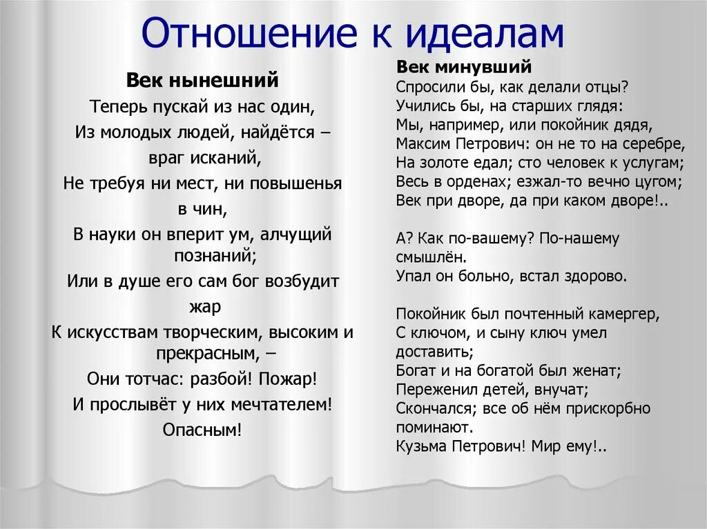 Отношение к богатству. Горе от ума век нынешний и век минувший отношение к образованию. Таблица КЭВЕК нынешний век минувший горе от ума. Идеалы горе от ума век нынешний. Таблица век нынешний и век минувший идеалы.