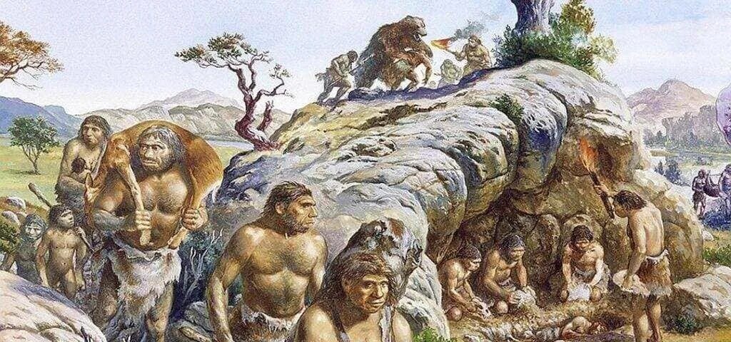 Человек Палео периода. Неандертальцы у пещеры Ле-Мустье. Предки людей на добычи на белом фоне. Одежда неандертальского мальчика рисунок акварелью. Выберите верный ответ коренными жителями кавказа являются