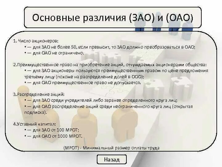 Отличие зао. Оао и зао отличия. разница между оао и зао. различия между зао оао пао. число акционеров закрытого акционерного общества.