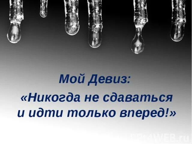 Девиз никогда не сдавайся. Мой девиз никогда не сдавайся. Девиз никогда не сдаваться. Девиз идти вперед и не сдаваться. Друг мой иди сдавайся песни