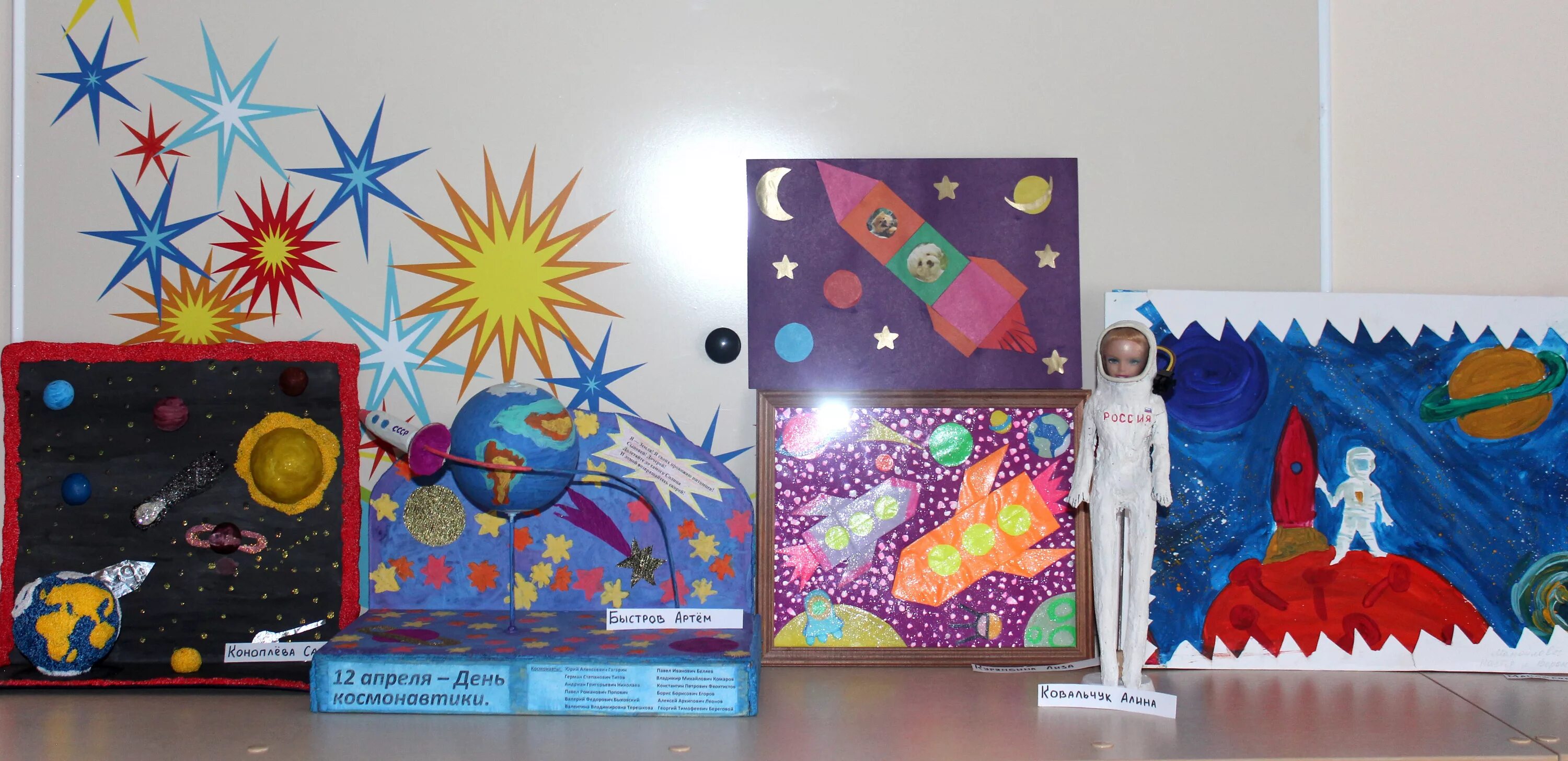 Оформление ко дню космонавтики в школе. Поделка ко Дню космонавтики. Выставка ко Дню космонавтики в детском саду. Поделка ко Дню космонавтики в детский сад.