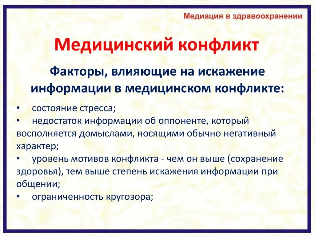 Конфликт в медицинской организации. Типы конфликтов в медицинской организации. Медиация в здравоохранении. Факторы влияющие на конфликт. Медицинский конфликт презентация.