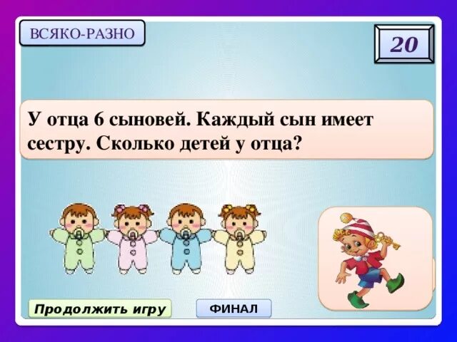 У отца 6 сыновей, каждый сын имеет сестру. Сколько детей у этого отца?. У папы 12 конфет каждому. У папы 12 конфет каждому сыну он дал по 2 конфеты сколько у него сыновей. У отца два сына у каждого сына по 3 сестры сколько детей в семье.