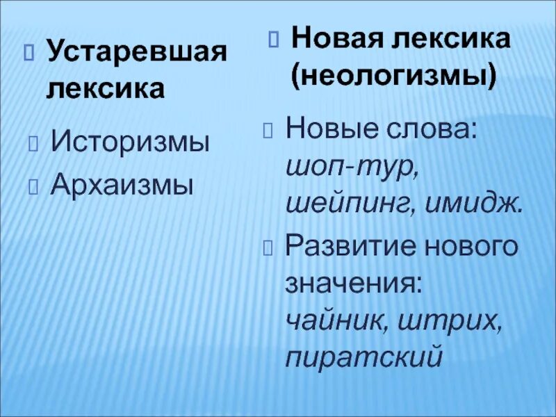 Лексика неологизмы историзмы архаизмы. Устаревшая лексика и неологизмы. Устаревшая лексика архаизмы и историзмы.