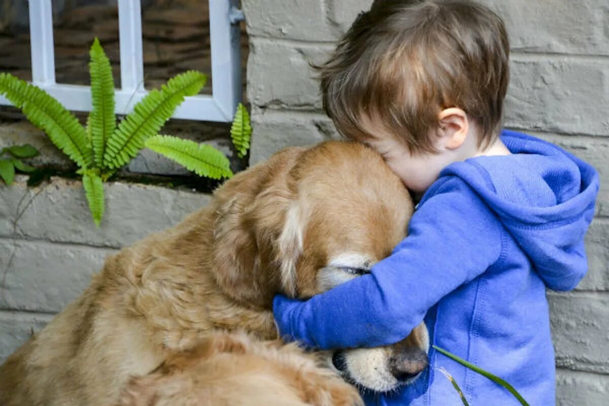 Для детей. Животные. Ребенок обнимает собаку. Любовь к животным. Мальчик обнимает щенка. Сочувствие животным