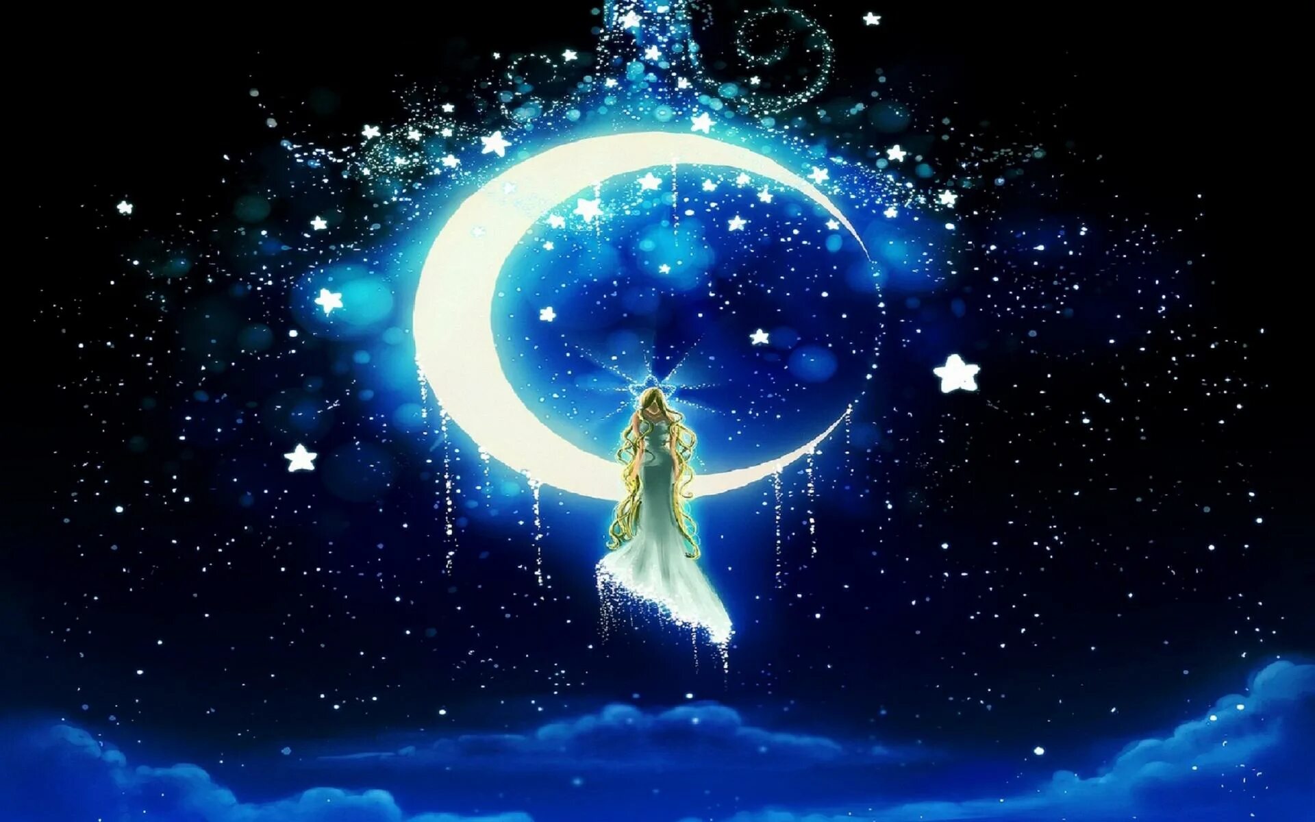 Самый прекрасный месяц. Сказочная ночь. Магическая Луна. Красивый полумесяц. Луна и звезды.