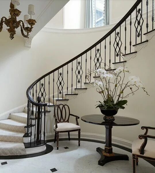 Curved Staircase with Solid Marble Treads & Custom Wrought Iron Railing Railing 