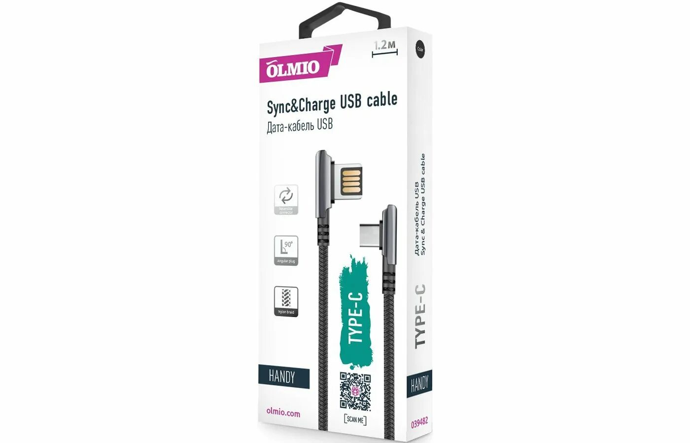 Olmio usb type c. Кабель handy, usb 2.0 - lightning, 1.2м, 2.1a, угловой, двухсторонний, черный, olmio.