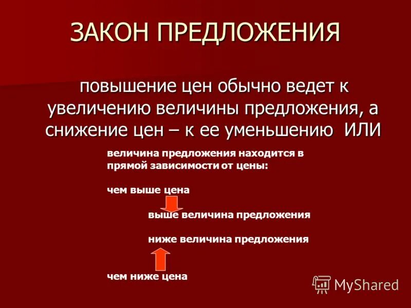 Направление в котором увеличивается величина. Снижение величины предложения. Повышение предложения. Закон предложения. Исключения из закона предложения.