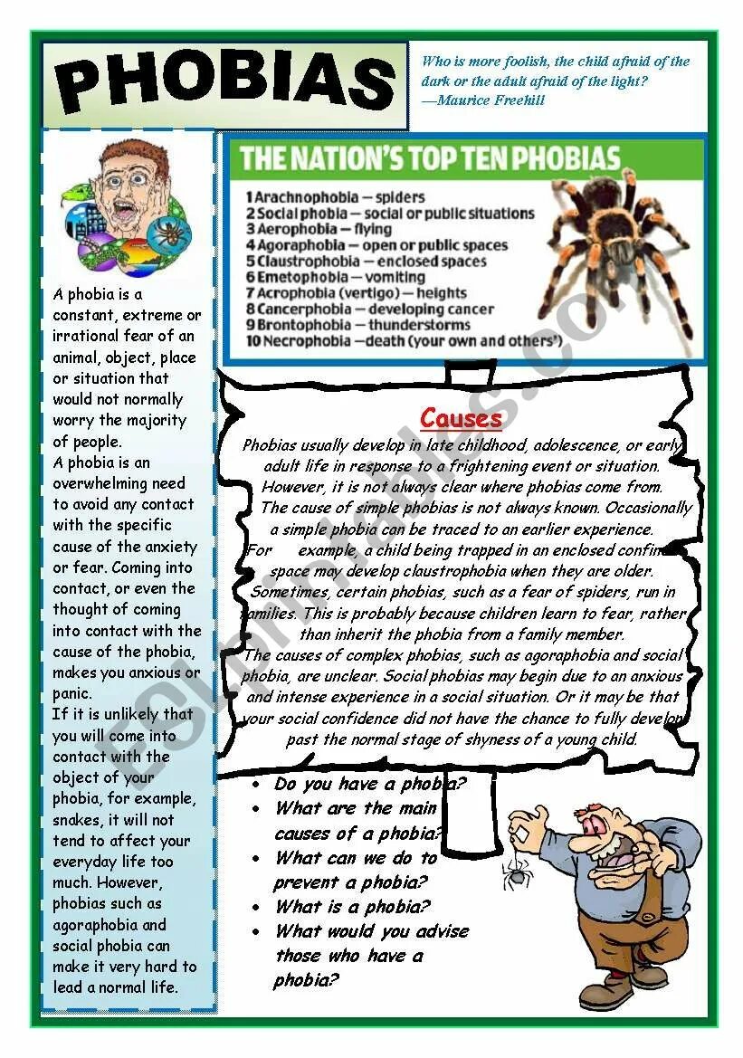 A phobia is an fear of something. Fears and Phobias Worksheets. Phobias Worksheet. Worksheets for pre Intermediate. Phobias Vocabulary.