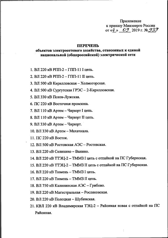 Перечень объектов электросетевого хозяйства для передачи. Приказ Минэнерго 100.