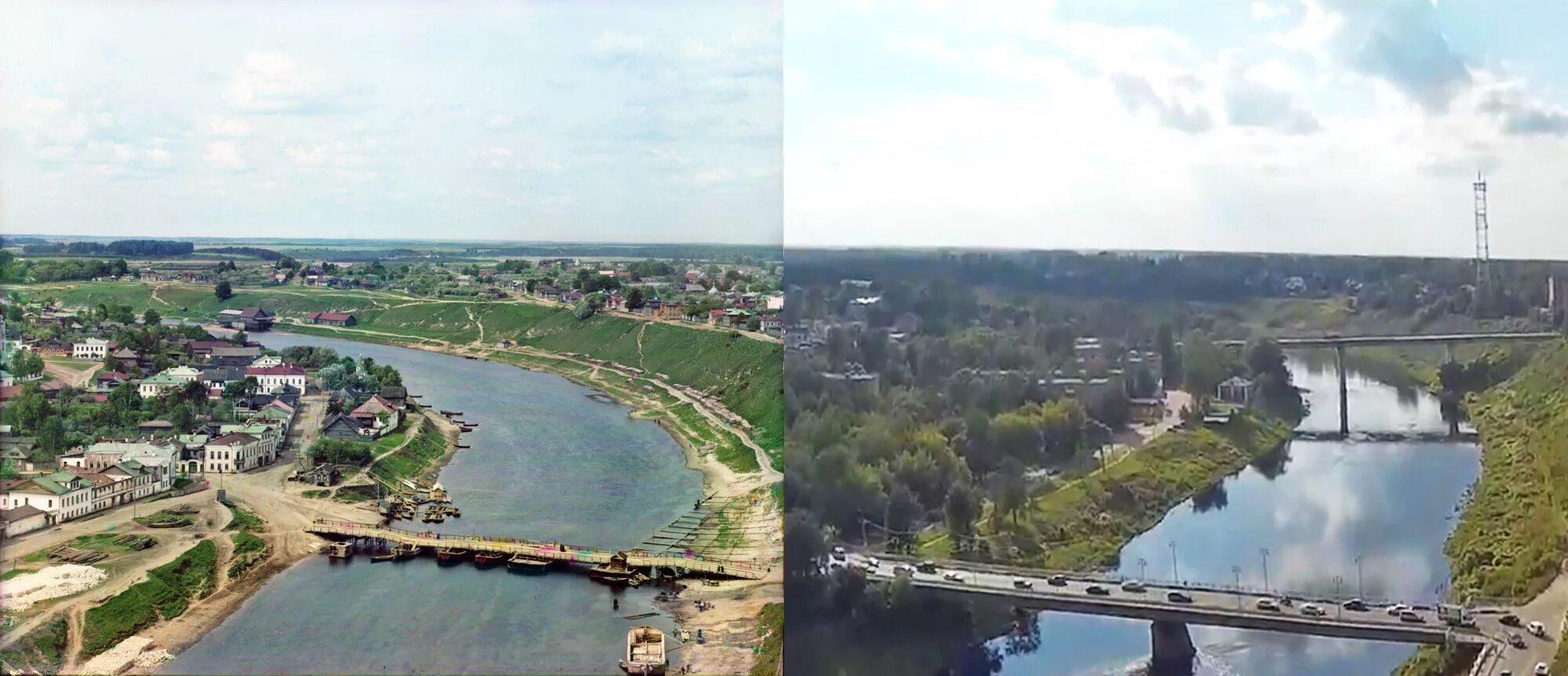 Прокудин горский ржев фото. Р е в ў р е. Города на волге ржев. Ржев набережная. Ржев старый мост.