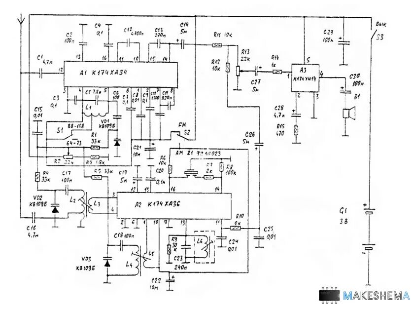 Приемник укв 5. Схема приемника на микросхеме к174ха2. Схема УКВ приемника на кха058.