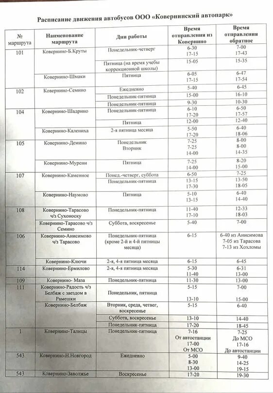 Расписание нижний ковернино