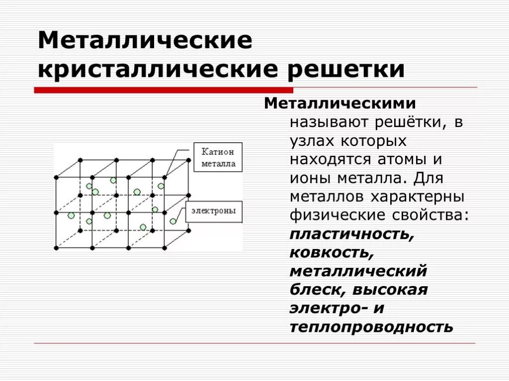 Перечислите типы кристаллической решетки. Схема металлической кристаллической решетки. Тип кристаллической решётки металлическая физическое свойство. Свойства металлической кристаллической решетки. Свойства металлов типы кристаллических решёток.