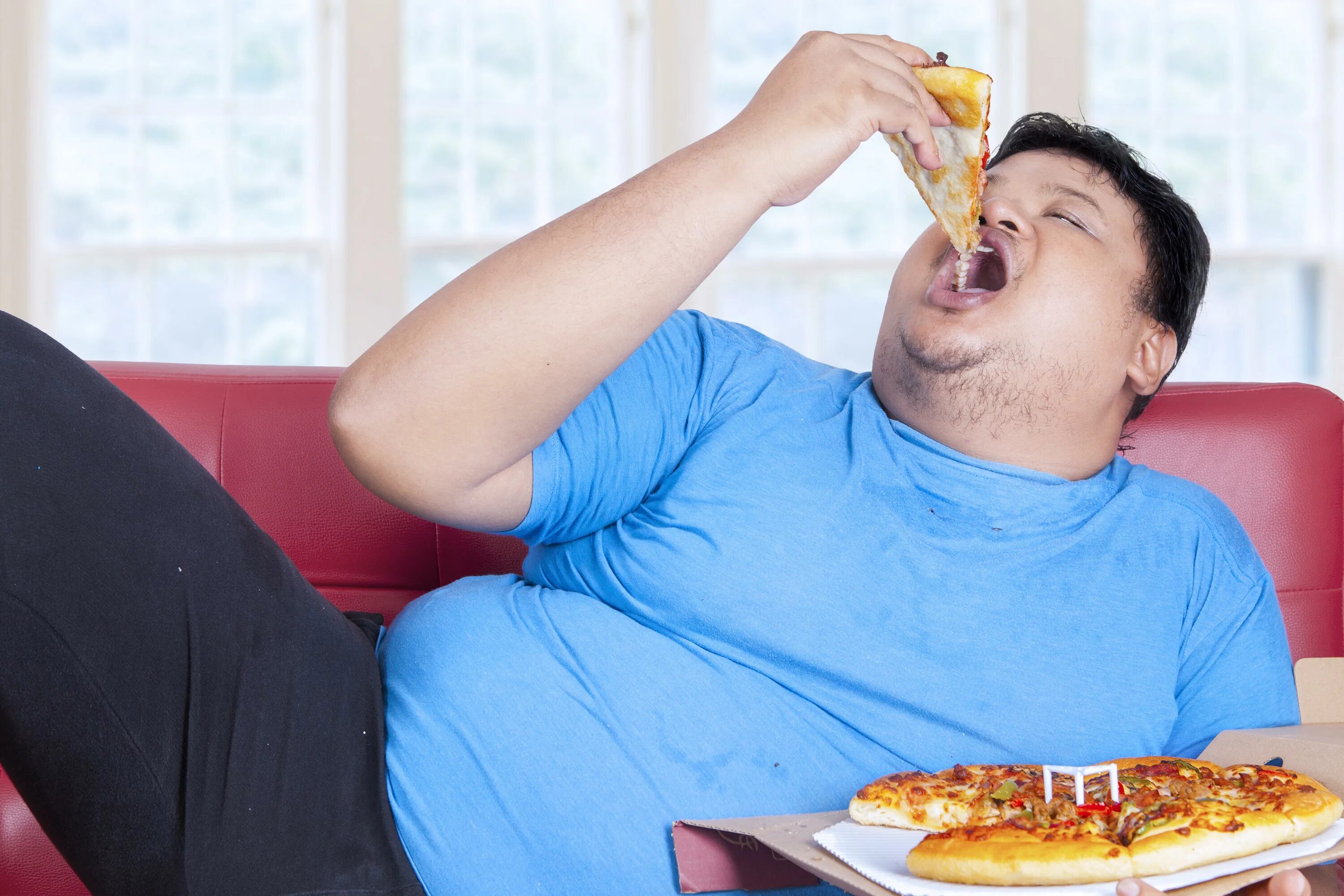 Ешь и толстым становишься. Толстый ест пиццу.