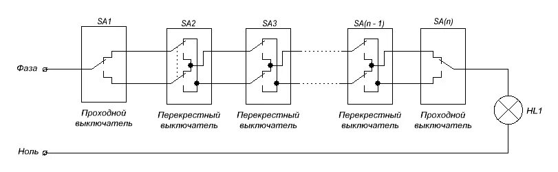 Переключатель и перекрестный переключатель 4х схема подключения Переключатель и перекрестный переключатель 4х схема подключения
