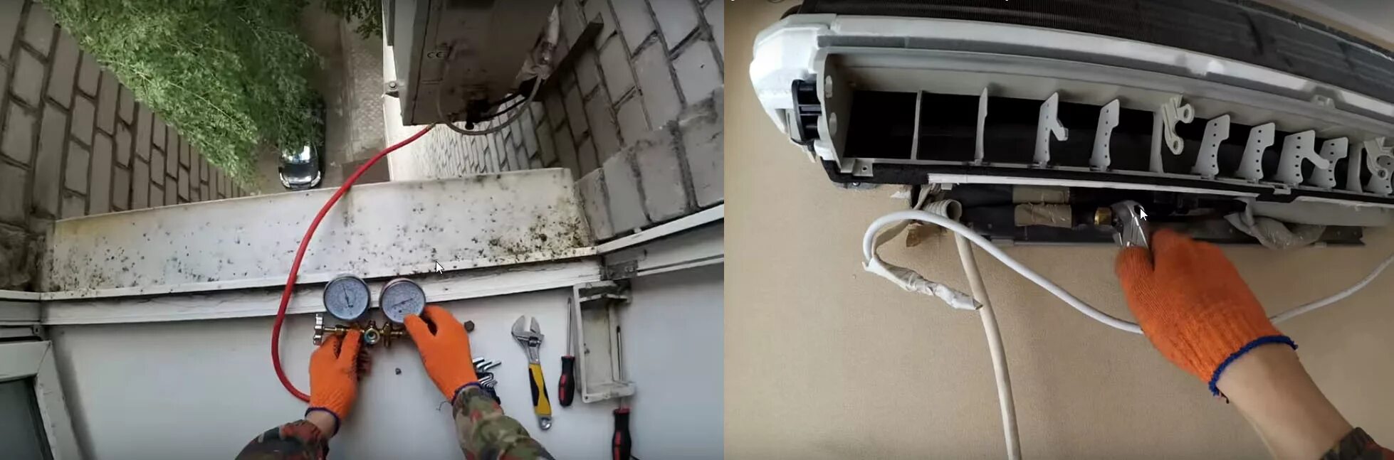 Демонтаж кондиционера в москве. Демонтаж кондиционера. демонтаж системы кондиционирования автомобиля. сбор фреона в наружный блок.