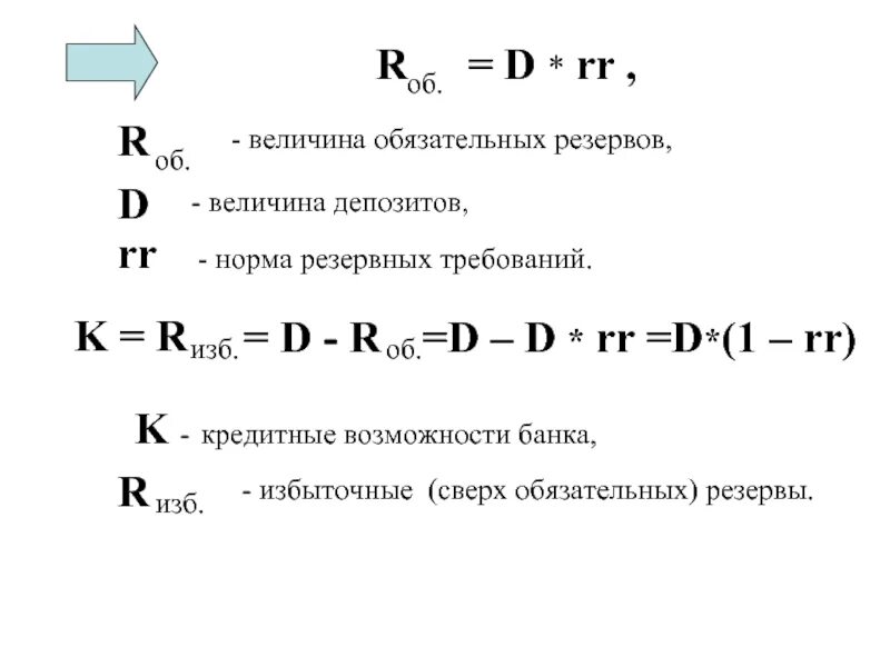 Величина депозитов формула. Величина обязательных резервов формула. Кредитный потенциал банка формула. Кредитные возможности банка формула.