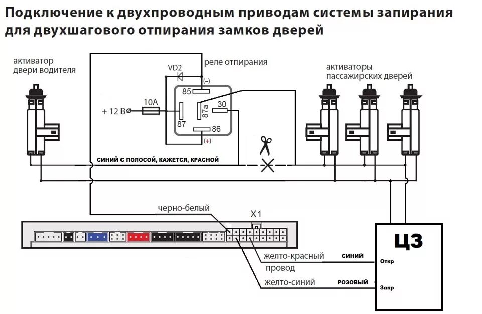 Сигнализация без центрального замка. Схема подключения активаторов дверей без центрального замка. Схема подключения к двухпроводным приводам системы запирания. Активатор сигнализации схема. Схема подключения дверных активаторов.