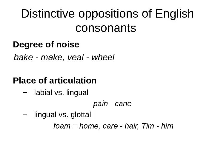 Distinctive features of consonants. Distinctive features of English consonants. Consonants degree of Noise. Distinctive and non-distinctive features of English consonants..