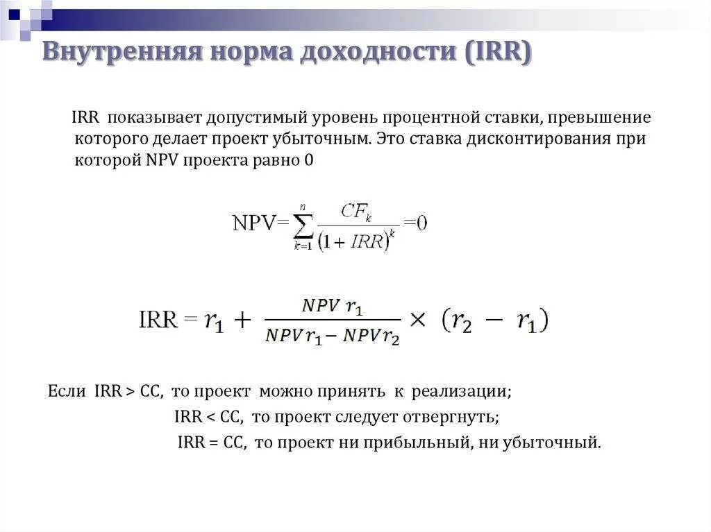 Внутренняя норма прибыли инвестиционного проекта. Метод расчета внутренней нормы доходности инвестиционного проекта. Формула расчета внутренней нормы доходности. Внутренняя норма рентабельности irr формула. Определите норму доходности